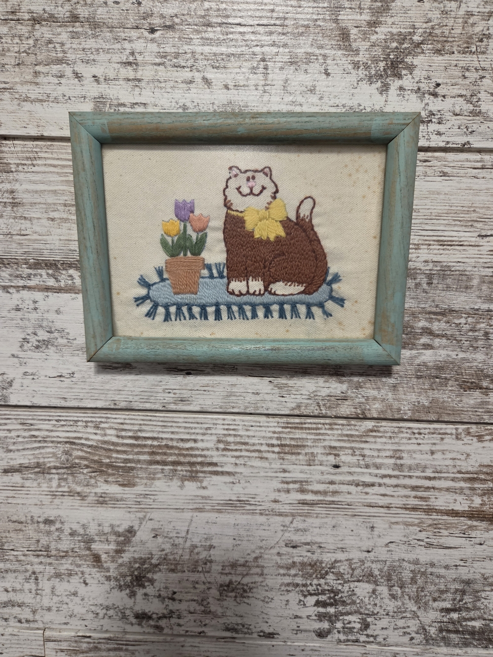 Hand-Embroidered Brown Cat Wall Art with Blue Frame